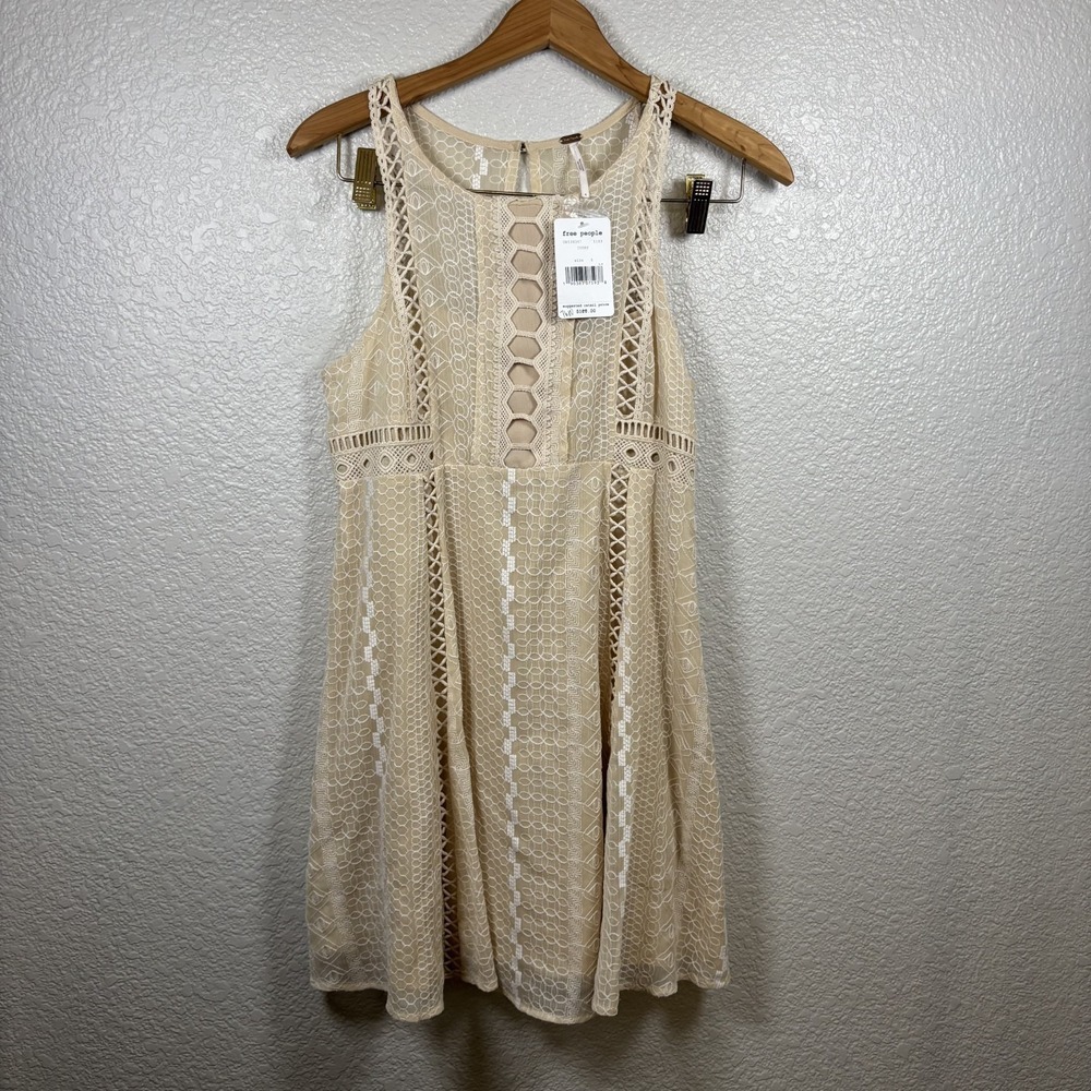 Free People Wherever You Go A-Line Mini Dress Embroidered Ivory Beige Sz 4